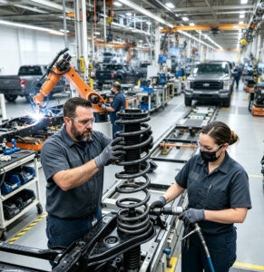 An image of automotive suspension spring which is crucial in car manufacturing.